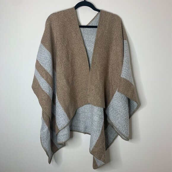 Women's Blanket Shawl Wrap Poncho Open Front Cape Brown Grey Fall Neutral - Picture 2 of 16